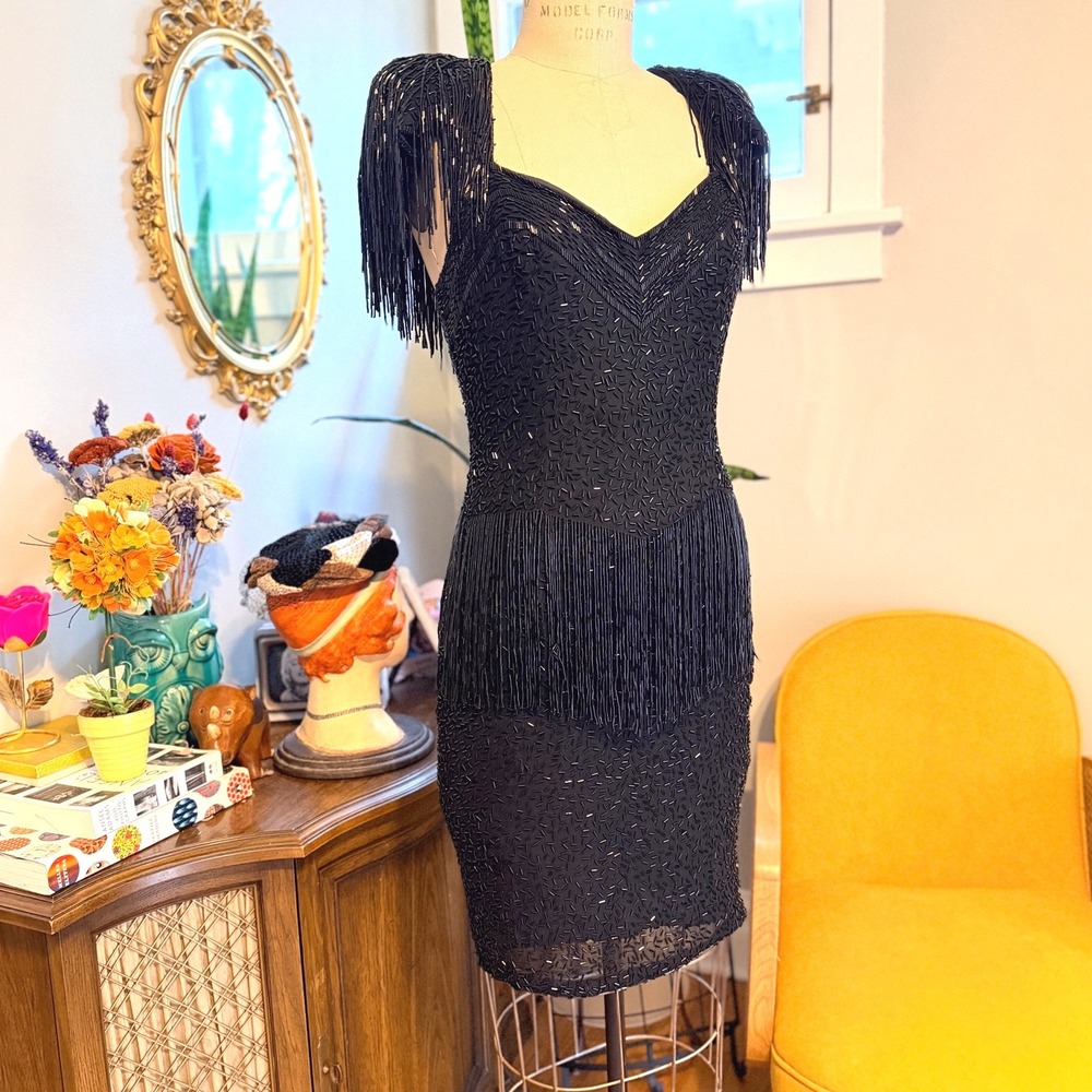 Lillie Rubin Vintage 80s Black Beaded Fringe Embellished Cocktail Dress‎ Size 10